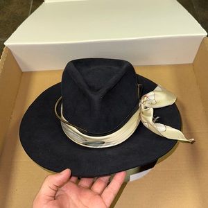 Nick Fouquet Navy Blue Suede Fedora Hat 100x Beaver fur felt Teressa Foglia